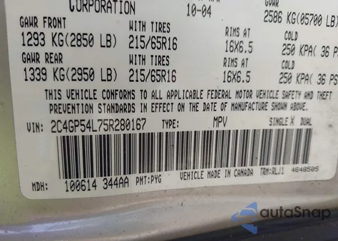 2005 Chrysler Town & Country Touring from USA, damaged, VIN 2C4GP54L75R280167